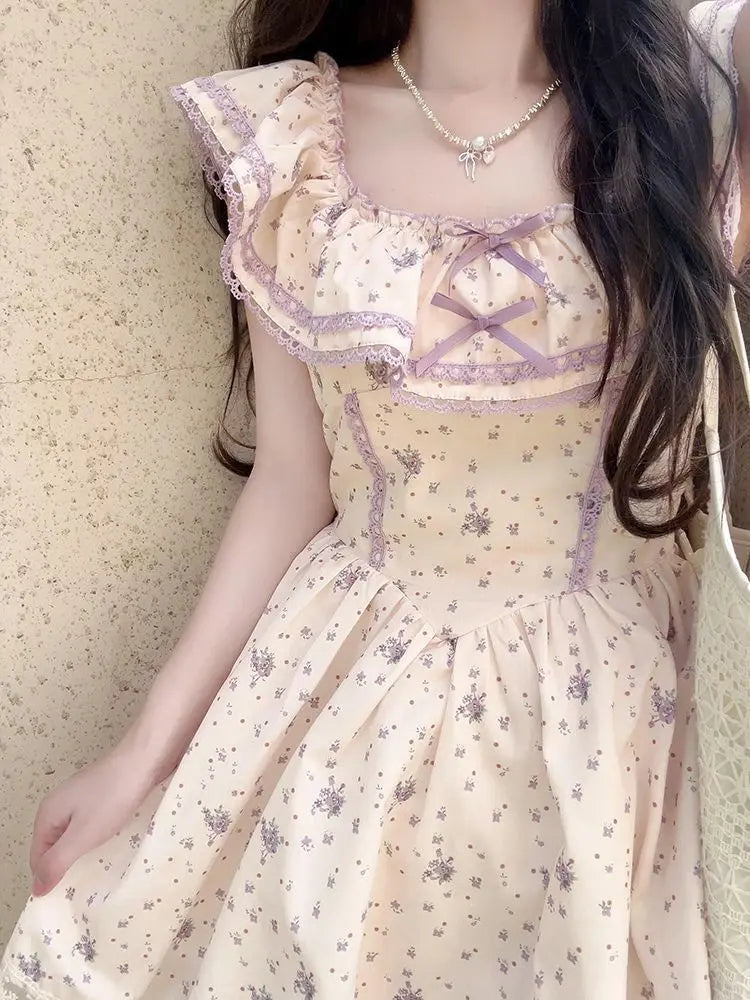 LIZAKOSHT  -  Floral Print Mini Dress Women's French Style Puffy Sleeve Fresh Gentle Short Skirt Pure Desirable Sexy Casual Daily Wear