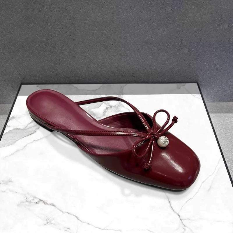 LIZAKOSHT  -  Sliver leather bowtie slippers women Square Toe flower embroider sandals low heel outdoor summer pantuflas mujer big size 43
