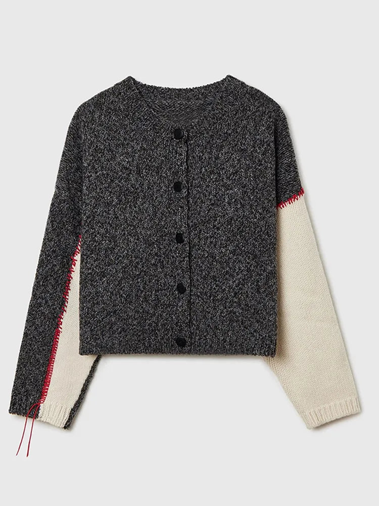 LIZAKOSHT  -  Chic Patchwork Color Contrasting Knitted Cardigan Women Casual O Neck Full Sleeve Short Sweater Autumn New Female Fashion Top ﻿