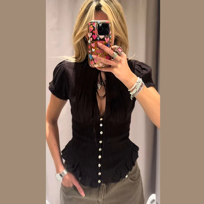 LIZAKOSHT  -  Solid Black Ruched Front Tie Blouse Puff Short Sleeve Peplum Hem Spring Romantic Women Chiffon Top Fashion Sweet Lady Shirt