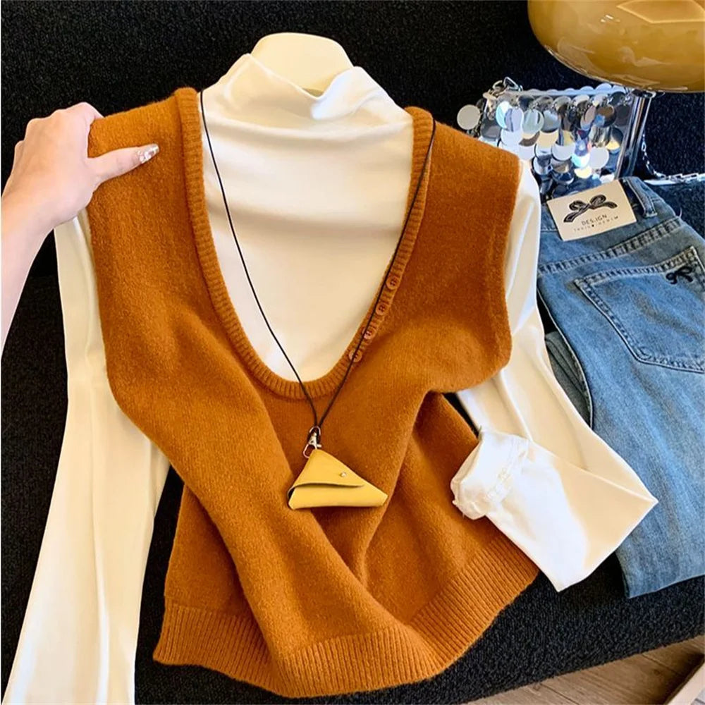 LIZAKOSHT  -  Autumn Winter Casual Sleeveless Gray Knitting Vest Korean Style Elegant Clothing Female Tops Women's Fashion Knitted Vest