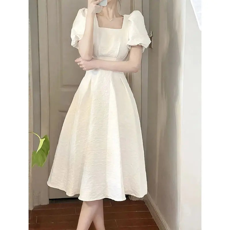 LIZAKOSHT  -  Dress Puff Sleeve White Sweet 2024 New Large Size French Style Women Mori Vintage Narrow Waist And Slim Temperament Dresses