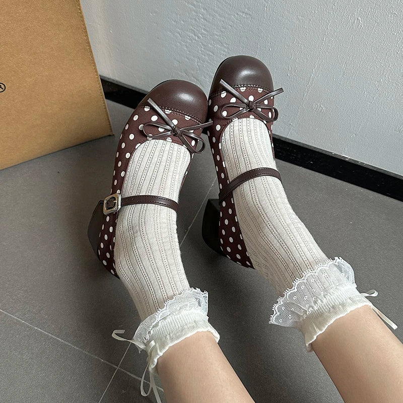 LIZAKOSHT  -  Cute Polka Dot Thick Heel Women Mary Jane Shoes Designer Buckle Strap Pumps Ladies Eelgant Butterfly-knot Dress Single Shoes