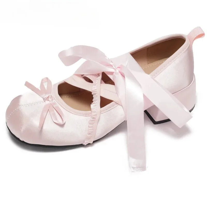 LIZAKOSHT  -  Lace Cross Strap Women Mary Jane Shoes Fashion Sweet Butterfly-knot Thick Heel Shoes Spring Autumn Ladies Elegant Dress Pumps
