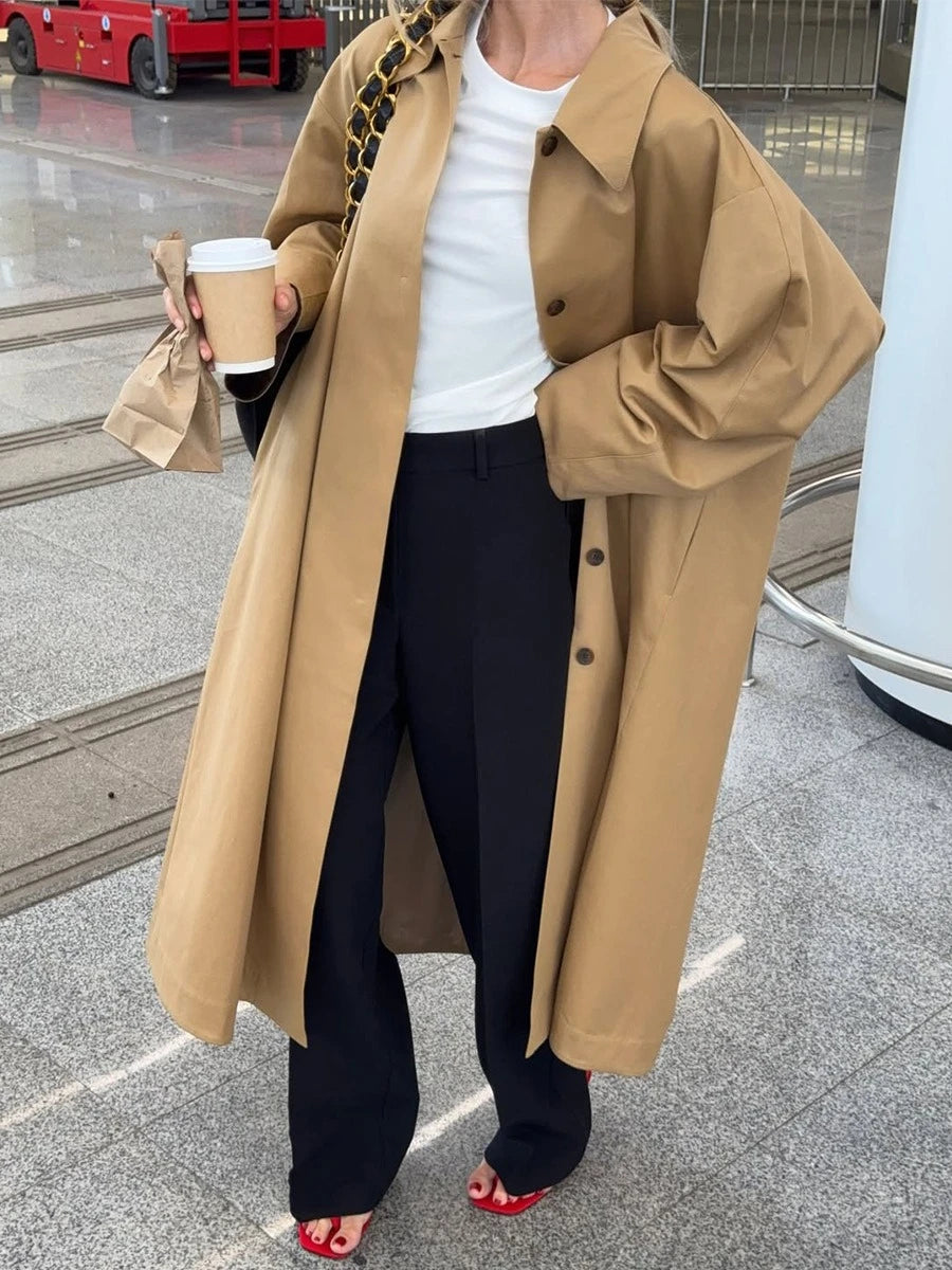 LIZAKOSHT  -  Elegant Cotton Trench Coats for Women 2025 Autumn Turn-down Collar Single Breasted Long Outerwears Ladies Windbreaker