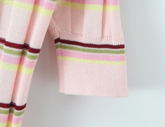 LIZAKOSHT  -  Women Pink Stripes Open Buttons Polo Collar Rib Knitted Short Sleeve Sweater Pullovers Knitwear All Match Knitting Tops Jumper