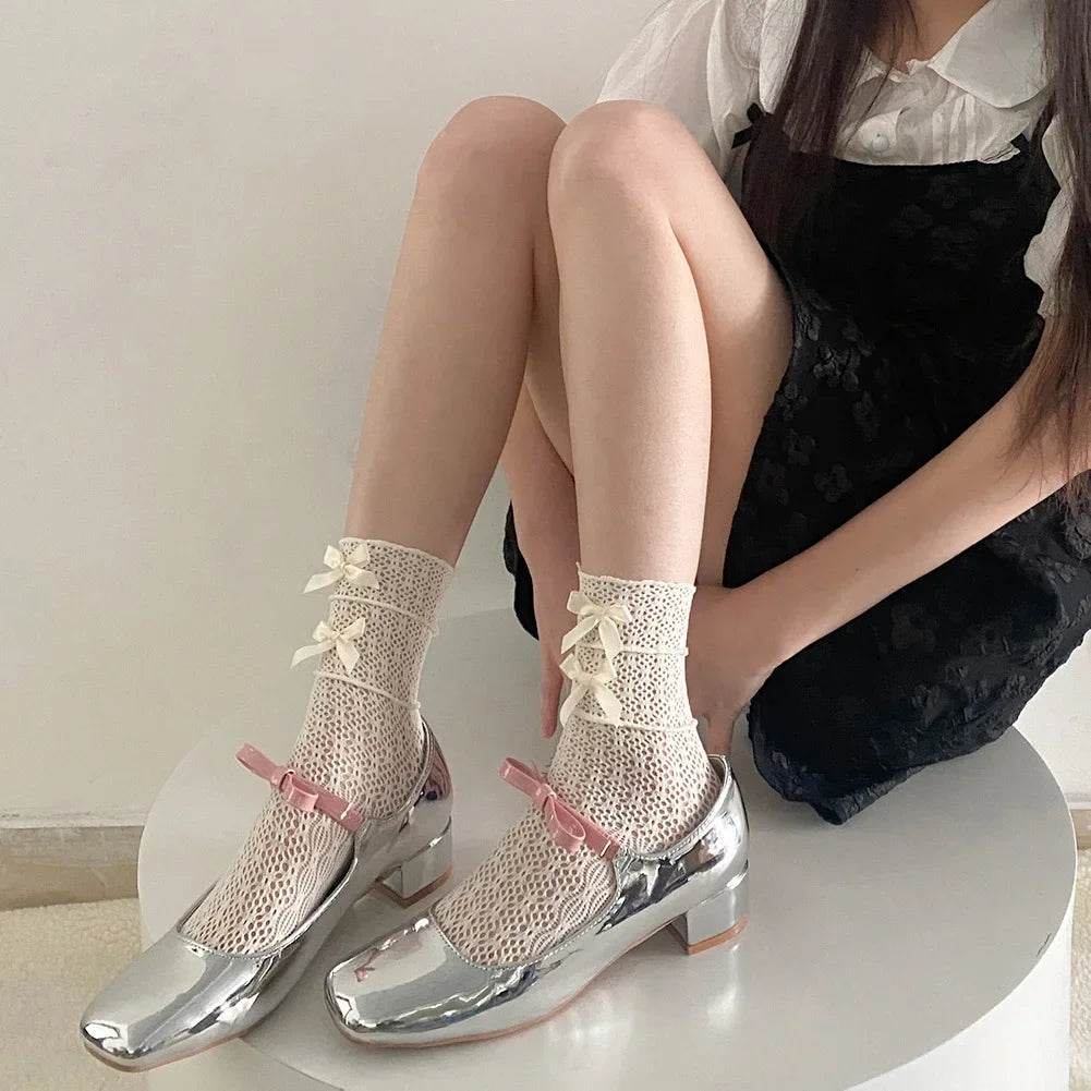 LIZAKOSHT -  Japanese Style Girls Long Socks Summer Hollow Out Mesh Breathable Lace Ruffle Socks JK Lolita Kawaii Bowknot Cute Socks Women