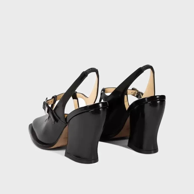 LIZAKOSHT  -  Fashion Black Patent Leather Mary Janes Slingbacks Women Pumps Spring Summer Wave Toe Chunky High Heels Office Lady Daily Shoes