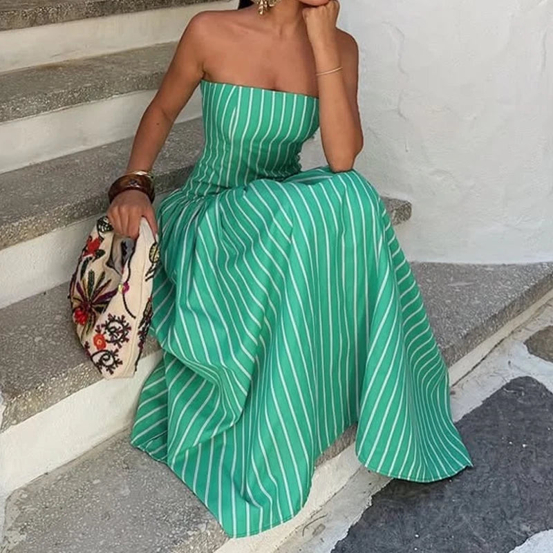 LIZAKOSHT  -  Women's Casual Pocket Summer Vacation Dress Sexy Strapless Sleeveless Waist Long Dress Striped Print Draped Pocket Elegant Dress