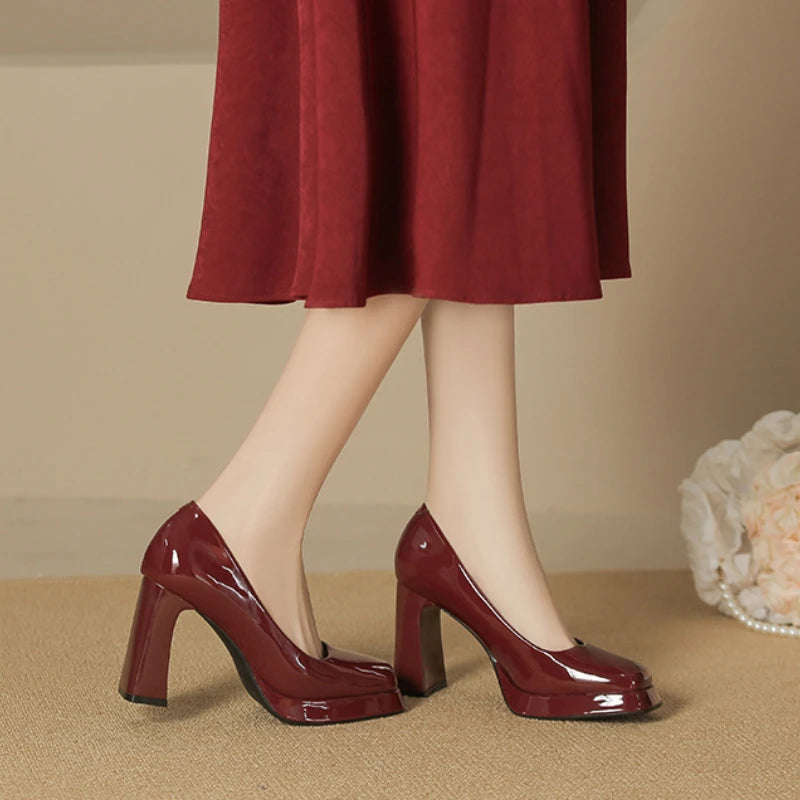 LIZAKOSHT  -  Patent Leather Platform High Heels Women Autumn New Shallow Elegant Office Shoes Square Heel Fashion Classics Sexy Pumps Women
