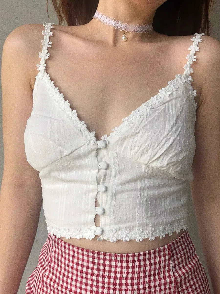LIZAKOSHT  -  Sexy White Spliced Lace Flower V Neck Camisole Women Summer Corset Single-breasted Buttons Short Tank Tops Retro Slim Crop Top
