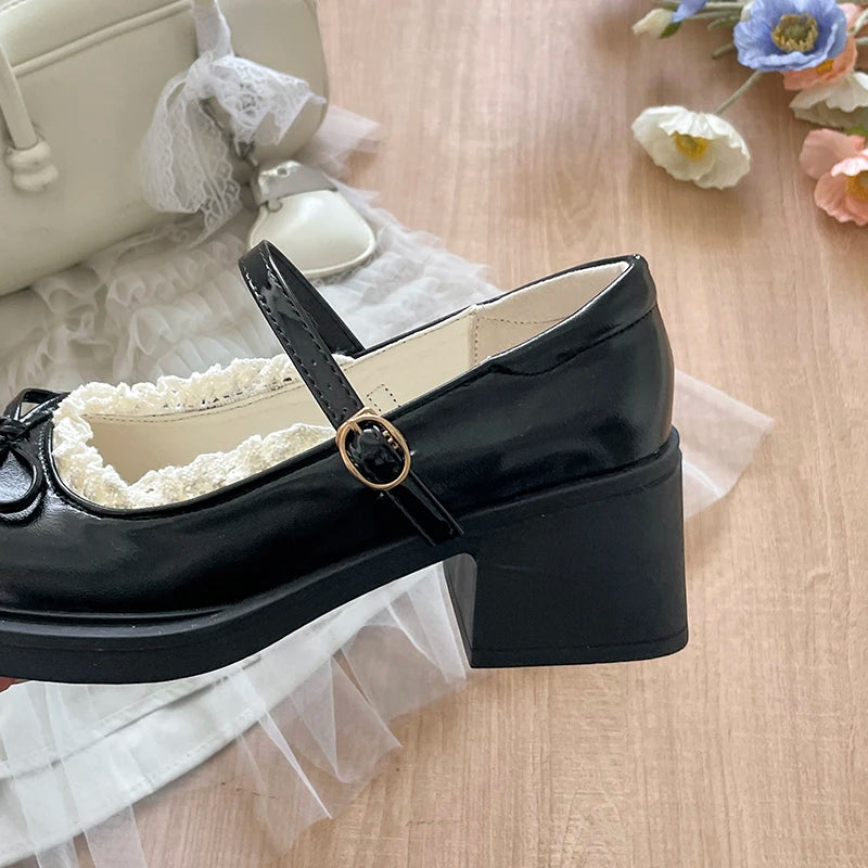 LIZAKOSHT  -  Cute Polka Dot Thick Heel Women Mary Jane Shoes Comfort Shallow Strap Pumps Ladies Eelgant Butterfly-knot Dress Single Shoes