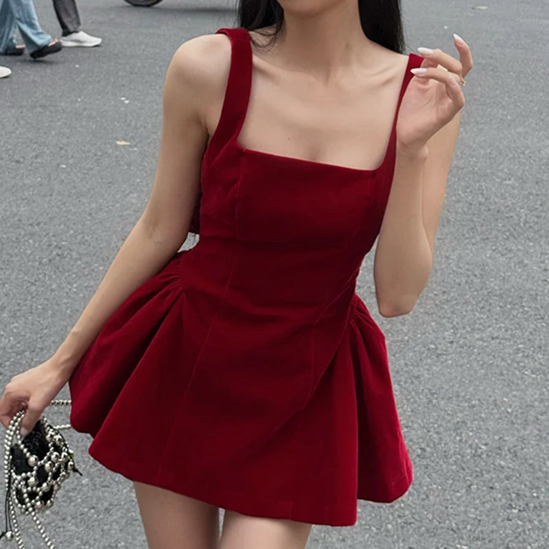 LIZAKOSHT  -  A-line Pleated Dress Party Holiday Red Backless Removable Bow Princess Dresses Coquette Aesthetic Mini Sundress Y2K