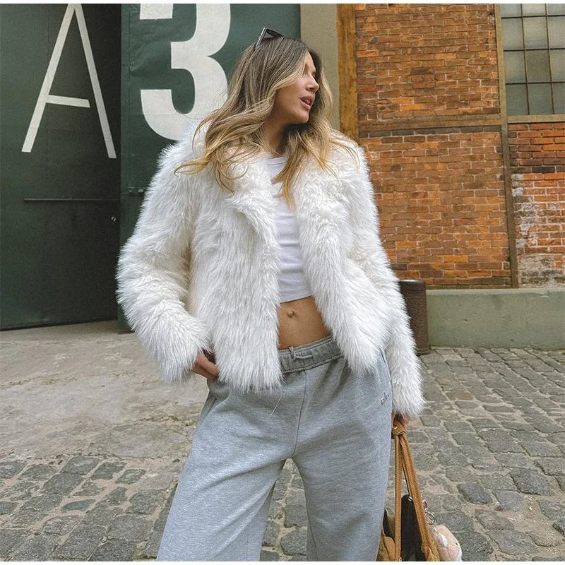 LIZAKOSHT  -  Women White Faux Fur Short Coat Elegant Lapel Collar Long Sleeve Loose Outerwear Lady New Winter Warm High Street Jacket 2025