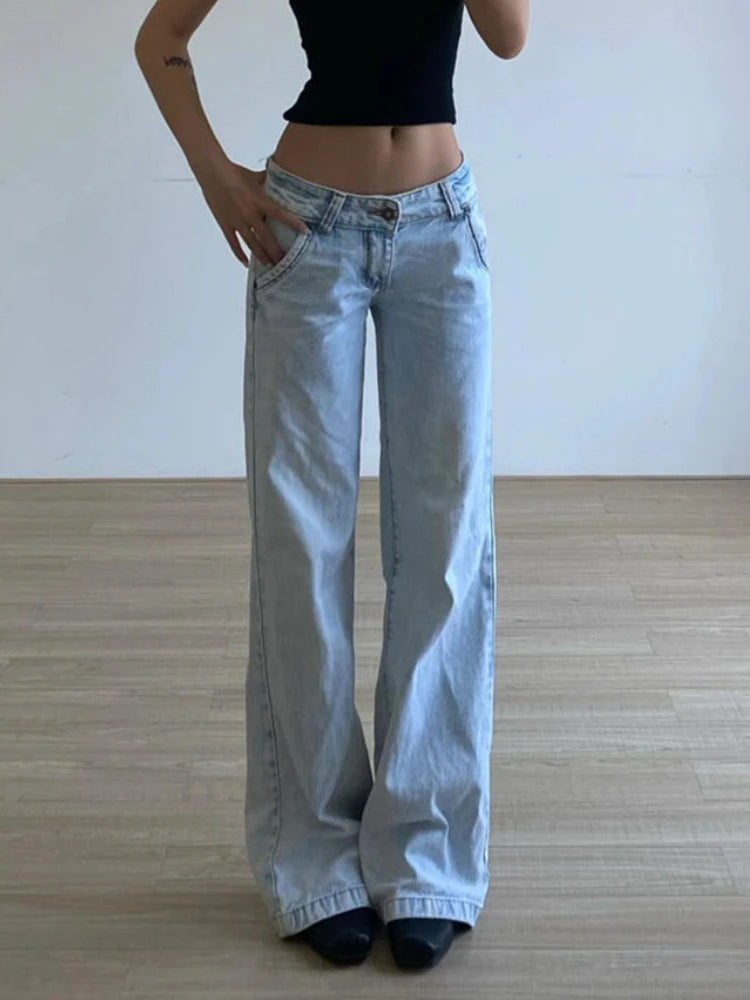LIZAKOSHT  -  Light Blue Low Waist Jeans for Woman Fashion Vintage High Street Washed Straight Trousers Autumn American Streetwear Denim Pants
