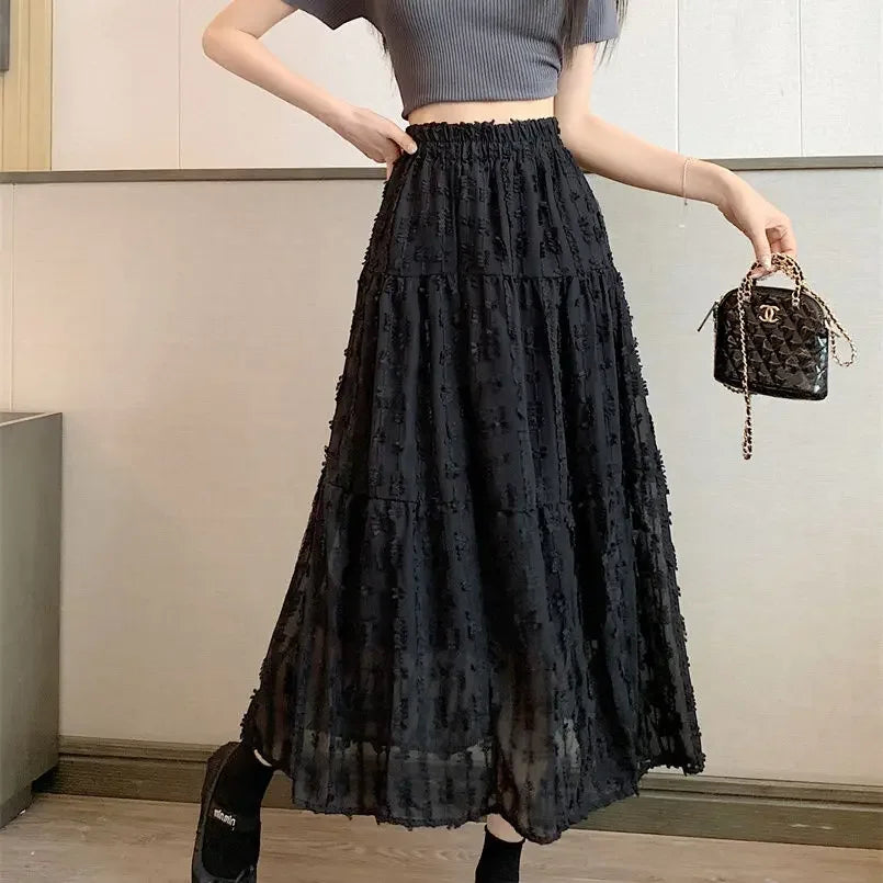 LIZAKOSHT  -  Autumn Elegant A-line Slim fit Half Skirt for Women Korean Style Mesh Wooden Ear Edge Splicing Chiffon Women's Half Skirt