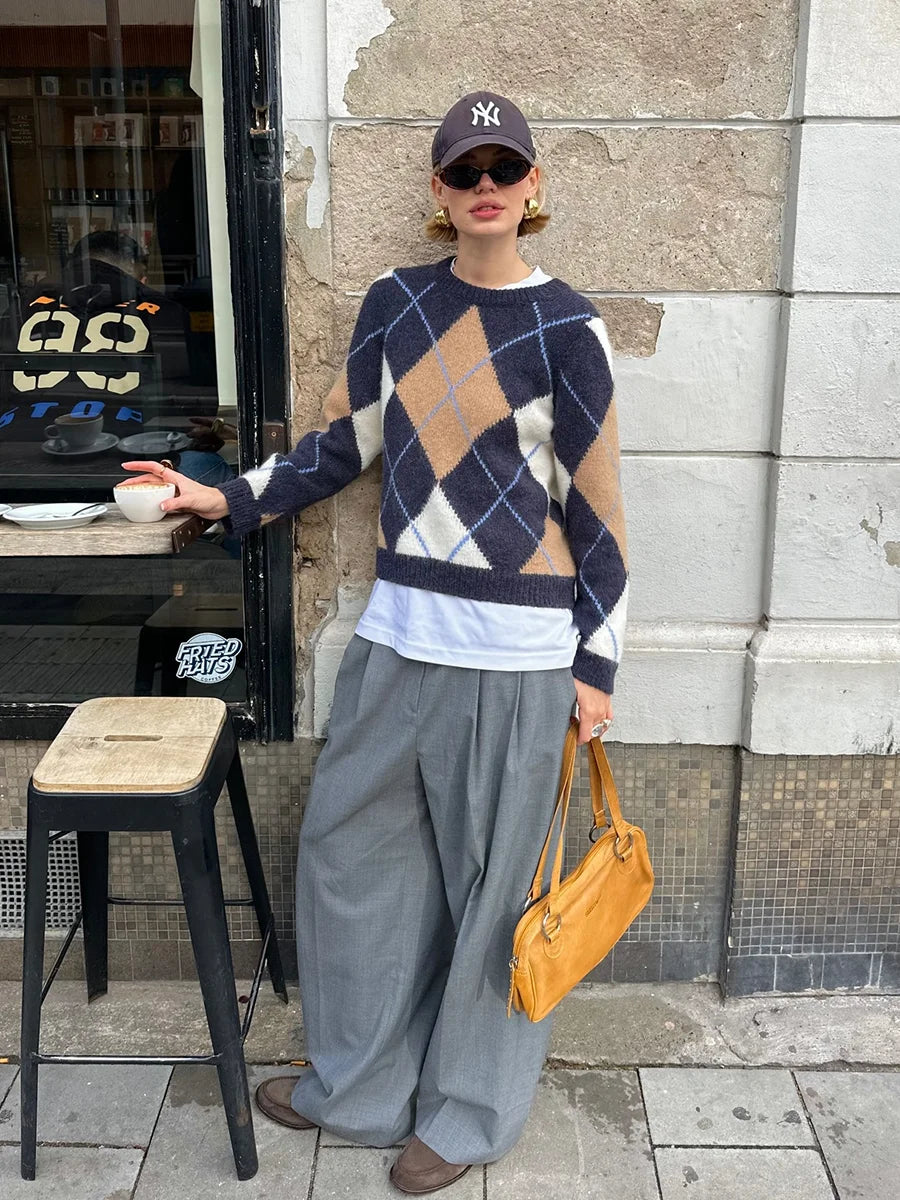 LIZAKOSHT  -  Navy Sweaters Woman Autumn Round Neck Long Sleeve Short Pullover Top Female Vintage Streetwear Preppy Style Jumpers New