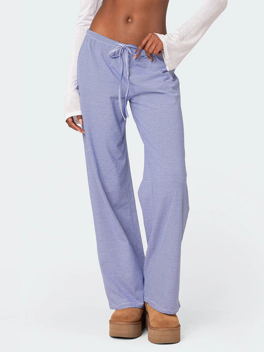 LIZAKOSHT  -  Women Striped Pajama Pants Spring Fall Elastic Waist Tie-up Loose Lounge Trousers Female Casual Cozy Sleep Bottoms Sleepwear Pjs
