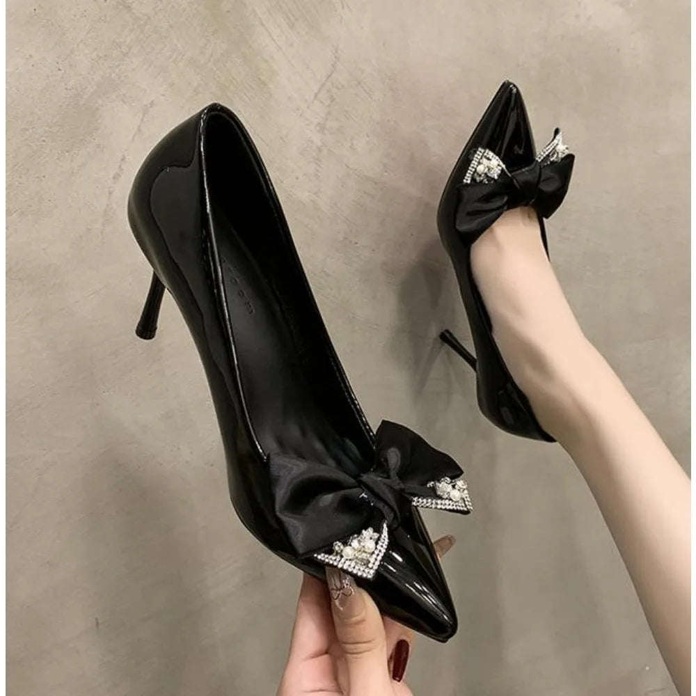 LIZAKOSHT  -  New Pointed Toe Women Pumps Bowknot Shallow Mouth Lady Stiletto Single Shoes Patent Leather Glossy Formal Prom High Heels Shoes
