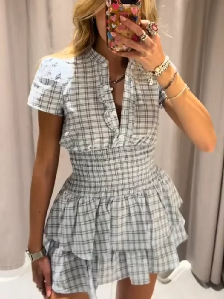 LIZAKOSHT  -  Plaid Waist Cinching A-line Dress Women Casual Short Sleeve V-neck Layered Pleated Mini Dresses Lady Holiday Street Robes