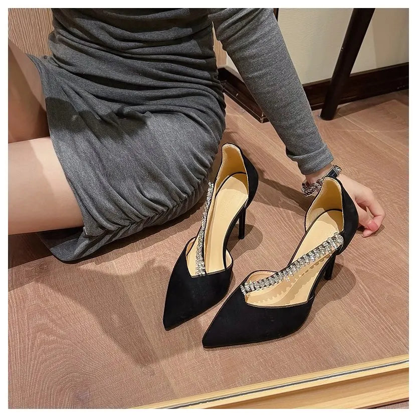 LIZAKOSHT  -  New Fashion Brand Crystal Embellished High Heels Shoes Women Pointed Toe Dress Rhinestone Wedding Party Pumps Black Suede Sandal