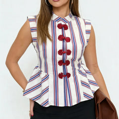 LIZAKOSHT  -  Striped Mandarin Collar Frog Button Ruffle Trim Top Striped Single‑breasted Summer Women Blouse Versatile Casual Lady Office Top