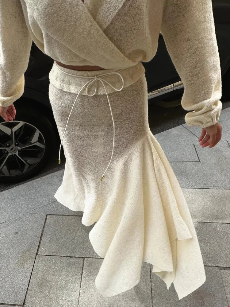 LIZAKOSHT  -  Irregular Ruffled Hem Long Skirt Women Suits V-shape Lapel Long Sleeved Shirt 2-pieces Sets 2024 New Ladies Highstreet Outfits