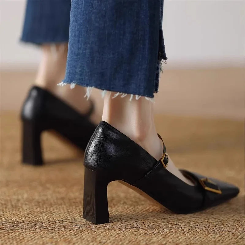 LIZAKOSHT  -  Metal Buckle Decoration Mary Jane Shoes Women Comfortable Leather High Heels Elegant Chunky Heel Women Pumps Zapatos De Mujer