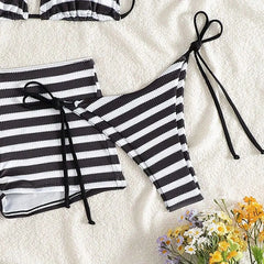 LIZAKOSHT  -  New Shorts Three-Piece Black White Striped Bikini Set Women Summer Swimming Wading Sports Sexy Backless Lace Up Style Swimwear