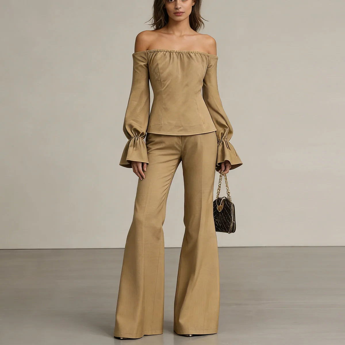 LIZAKOSHT  -  2026 New Bubble Sleeve Temperament Off-the-shoulder One-word Collar Fashion Women's Top Wide-leg Pants Two-piece Set