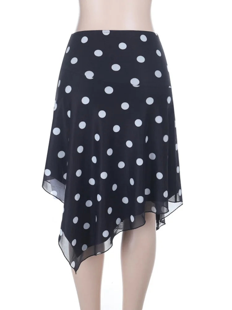 LIZAKOSHT  -  Polka Dot Printed Irregular Split Women Skirt Black High Waist Ruffles Slim Long Skirt Female Spring Casual Streetwear