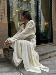 LIZAKOSHT  -  Irregular Ruffled Hem Long Skirt Women Suits V-shape Lapel Long Sleeved Shirt 2-pieces Sets 2024 New Ladies Highstreet Outfits