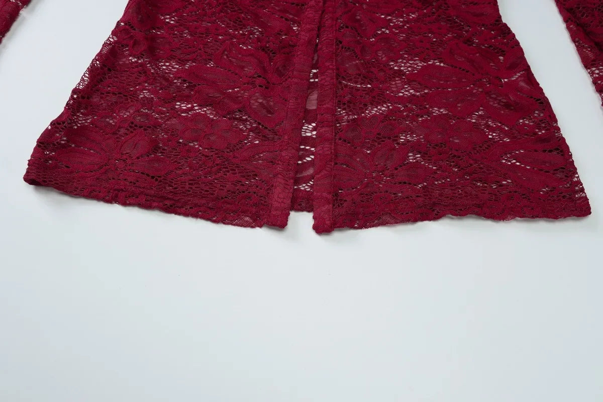 LIZAKOSHT  -  Autumn Women See Through Lace 2 Piece Set Turn Down Collar Long Sleeve Single Breasted Shirt Cardigan Top + Shorts Suit
