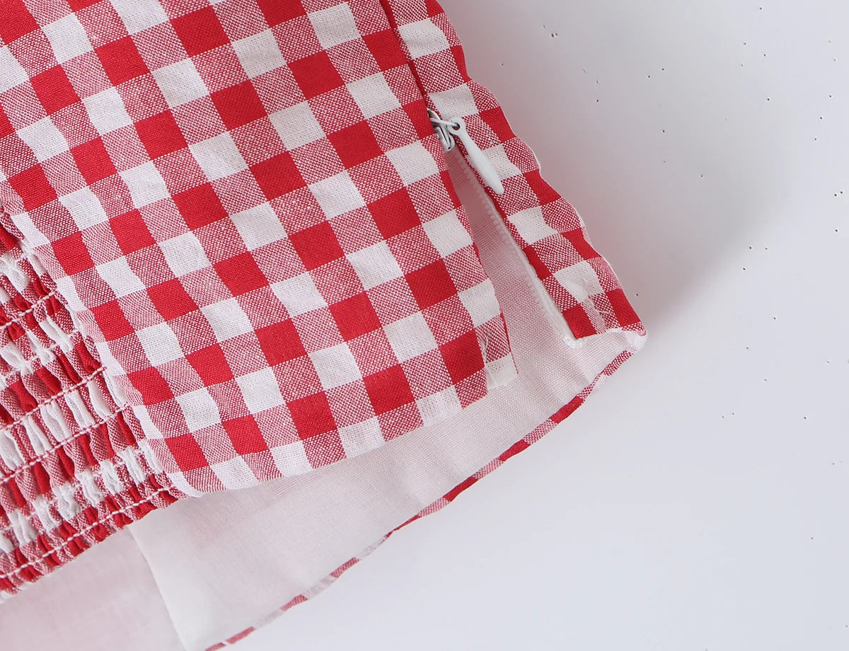 LIZAKOSHT  -  Sexy Red Plaid Spliced Lace Bow Ruched Chest Tank Top + High Waist Wood ears Mesh Lining Swing Cake Mini Skirt Suits 2pcs 1 Set