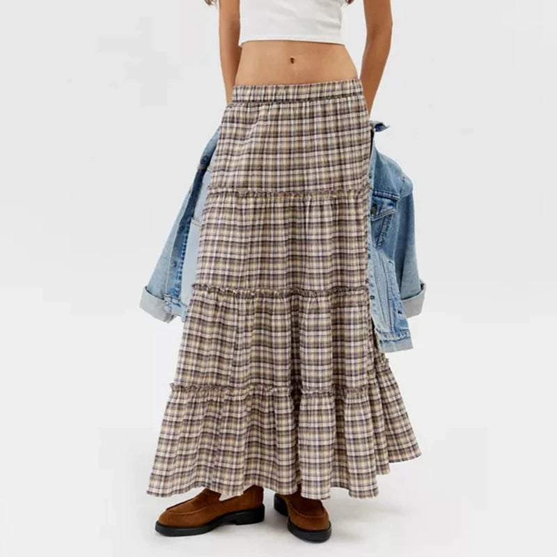 LIZAKOSHT  -  Y2k Women Gingham Tiered Maxi Skirts A Line Ruffle Plaid Midi Skirt Summer Beach Casual Loose Flowy Long Skirt