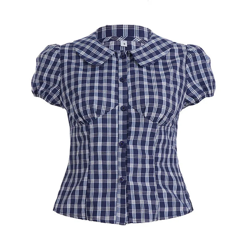 LIZAKOSHT -  Retro Blue Checkered Short Sleeved Waist Up Shirt for Women with Bubble Sleeves and A Lapel Top