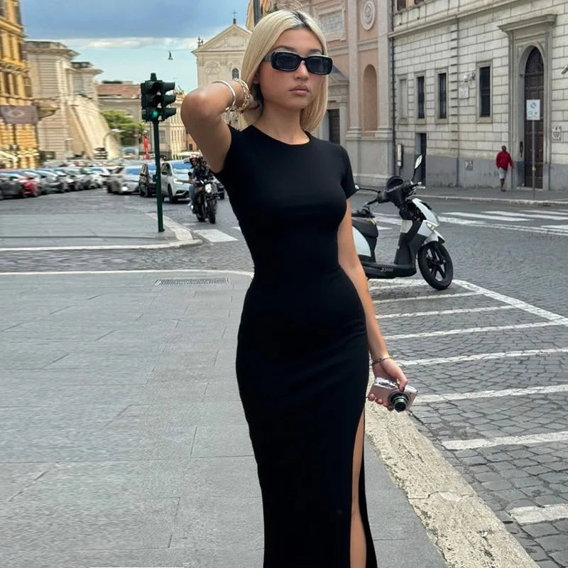 LIZAKOSHT  -  Summer Black Fashion Maxi Dress For Women High Waist Short Sleeve Side Split Sexy Party Dress Gown Female Bodycon Dress