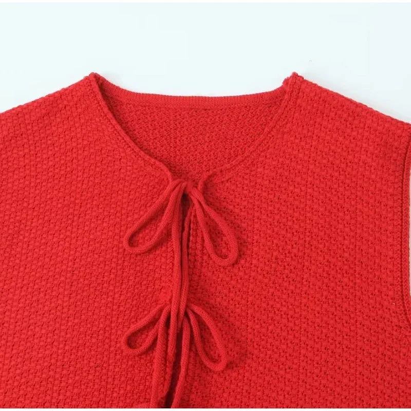 LIZAKOSHT  -  Casual Knit Lace Up Vests Women Loose Hollow Out Sleeveless O-neck Sweater Top Autumn New Lady Solid Cardigans Streetwear