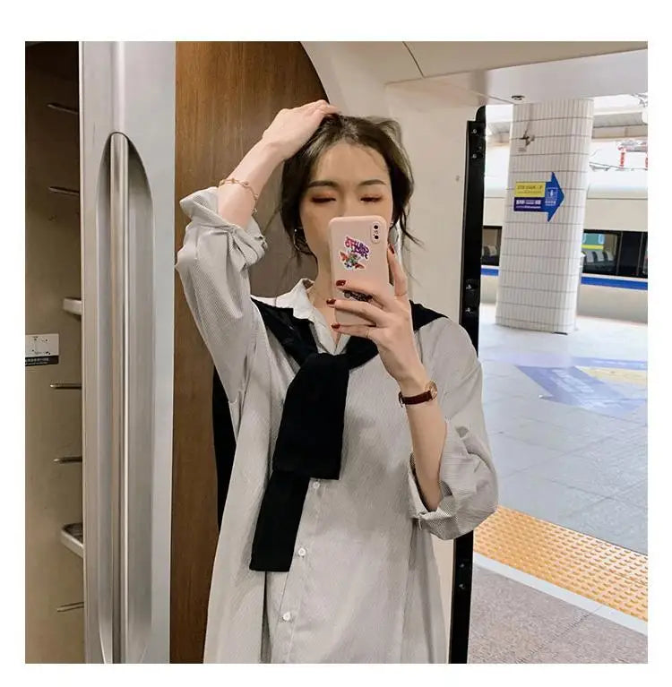 LIZAKOSHT  -  Autumn Simple Versatile Hong Kong Style Retro Chic Women's Set Korean Striped Shirt Dress High-end Black Shawl for Women