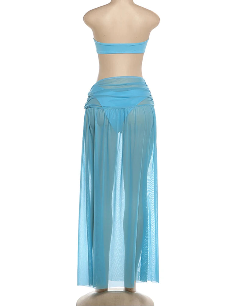 LIZAKOSHT  -  Women Sexy 3 Piece Set Metal Buckle Bow Bra+Shorts+Mesh Ruched Slit See Through Skirts Beach Vacation Party Clubwear