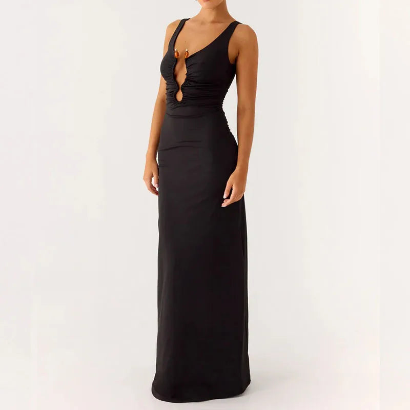 LIZAKOSHT  -  Womens Cocktail Party Dress Slim Fit Stylish Deep V Neck Sleeveless Bodycon Dress for Elegant Lady Daily Life Club Maxi Dress