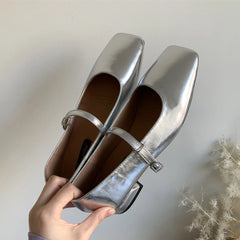 LIZAKOSHT  -  Strap Women flats square toe silver leather loafers shoes for women ladies mary janes shoes thick heel zapatos mujer