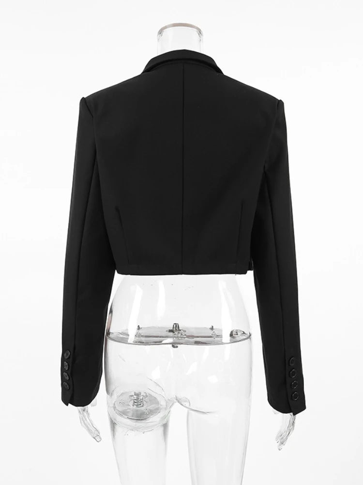 LIZAKOSHT  -  Woman Clothing Solid Black Short Blazers 2025 Autumn Office Lady Long Sleeve Cropped Tops Female Slim Outerwears Coats