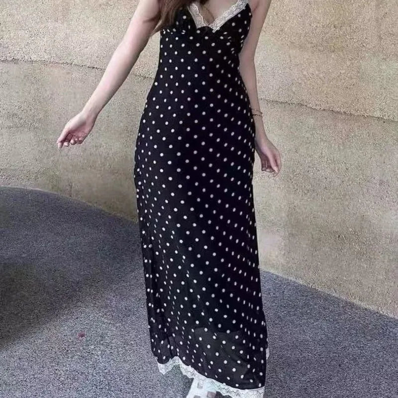 LIZAKOSHT  -  Women Polka Dot Print Sexy Lace Camisole Backless Long Dress Summer Fashion And Casual Comfortable Suitable For Vacation Dating