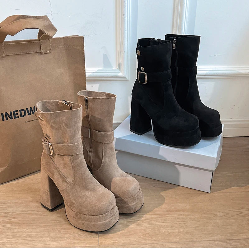 LIZAKOSHT  -  Autumn Winter Fashion High Heel Women Ankle Boots Belt Buckle Punk Shoes Ladies Short Botas Para Mujer