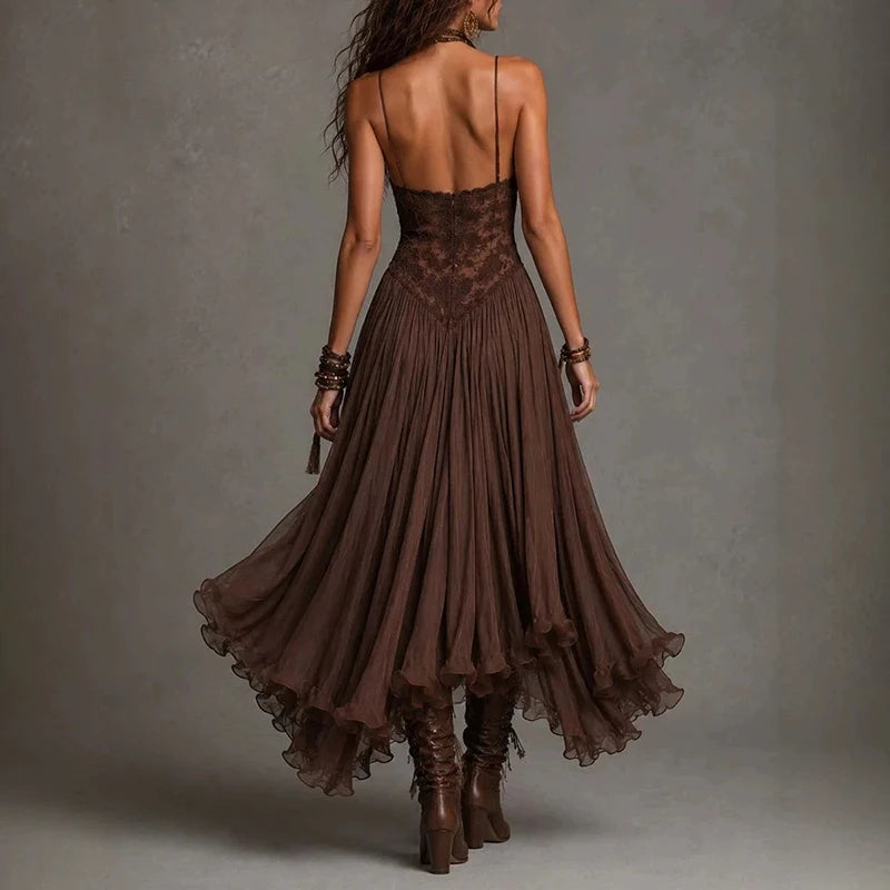 LIZAKOSHT  -  Sexy Straps Backless Irregular Dress Elegant Lace Splice Sleeveless Slim A-Line Dress Retro Solid Off Shoulder High Waist Dress