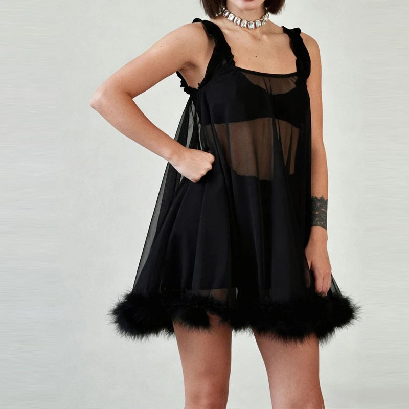 LIZAKOSHT  -  Sexy U Neck Mesh See-through Mini Dress Elegant Solid Sleeveless Hollow Out Lace Short Dress Hot Girl Black Cocktail Party Dress