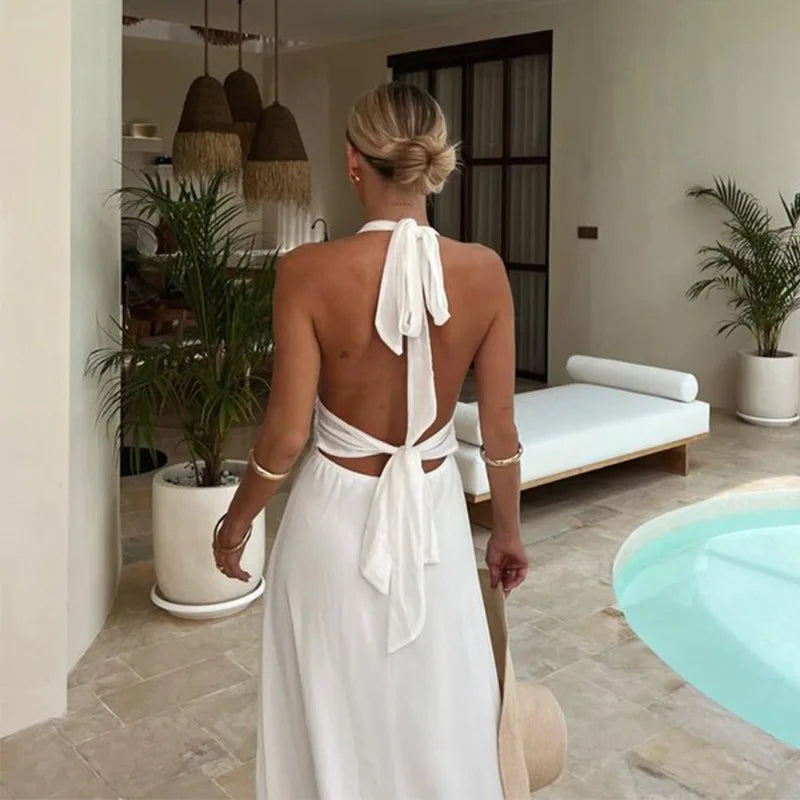 LIZAKOSHT  -  New Hanging Neck V-neck Strap Backless Slit Dress Temperament Long Skirt One-step Skirt for Women