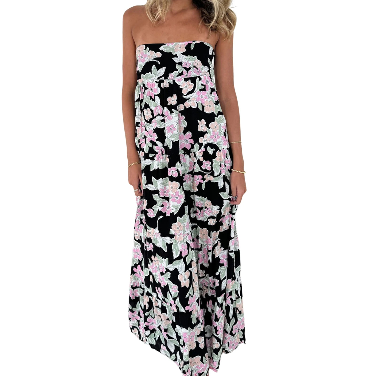 LIZAKOSHT  -  Elegant Off-Shoulder Maxi Dress with Boho Floral Print and Lace-Up Back Detail for Summer Wedding Party or Vacation Beachwear