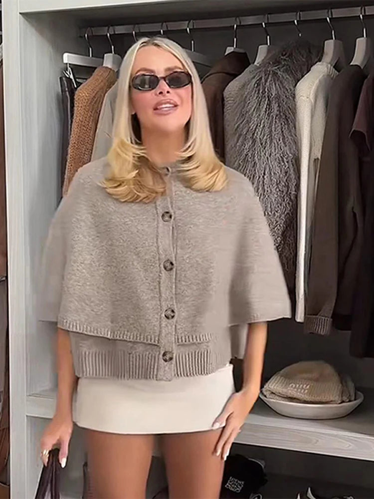 LIZAKOSHT  -  Women Solid Color Knitted Cloak Cardigan Round Neck Single Breasted Casual Loose Women Sweater Fashion Simple Soft Knitwear